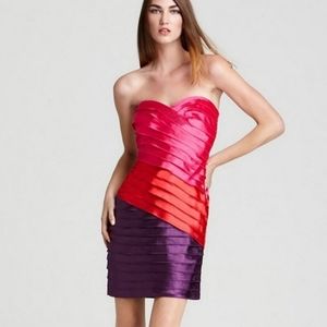 Max & Cleo Hot Pink Rainbow Strapless Satin Party Cocktail Dress NWT